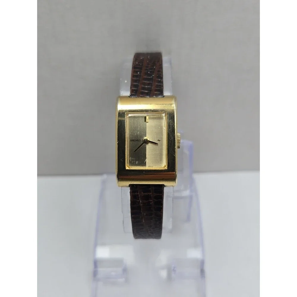 Rare Vintage Seiko Womens Tank Dress Watch Gold Tone Manual Winding Leather Runs